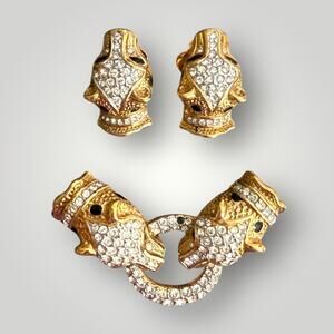 Vintage Attwood & Sawyer Gold Plated Panther Earrings clip on and Pendant